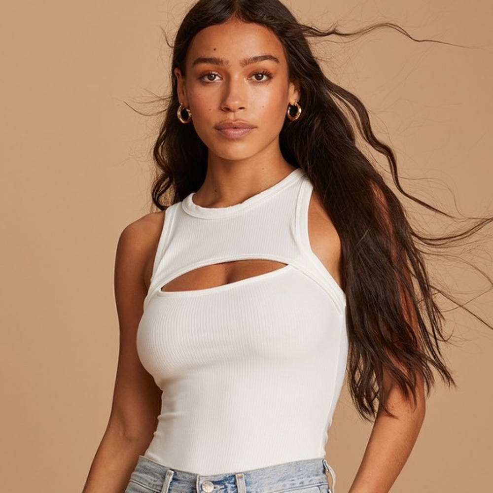 Lulus Flirtatious White Ribbed Sleeveless Cutout Bodysuit - Size XS